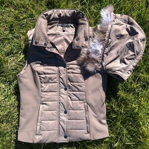 White House Black Market Taupe Quilted Vest with Faux Fur Hood